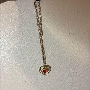 Gold Heart Necklace with Red Accent